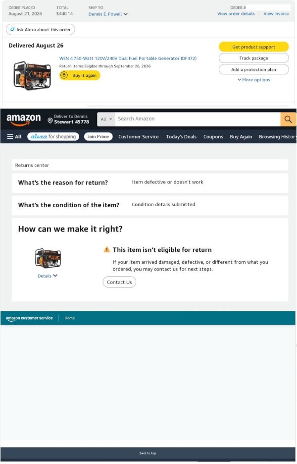 From return to point of no return: On the orders page (top) Amazon said the original generator could be returned. But click on the return page (center) and no, it can't. But don't worry, we'll work it out. Just click the "contact us" button and visit (bottom) a blank page. (Credit: Dennis E. Powell)