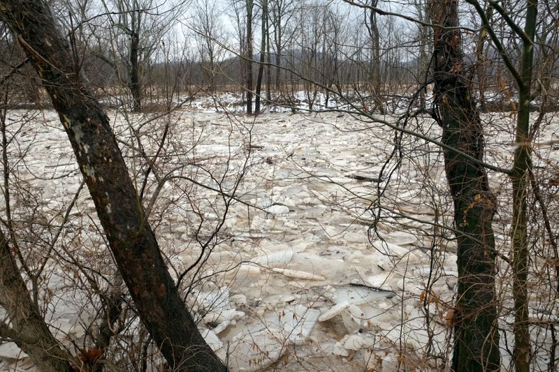 There are worse floods than the one here this week. This one, in early March 2015, came with ice floes. Terrible weather has always been with us and always will be. (Credit: Dennis E. Powell)