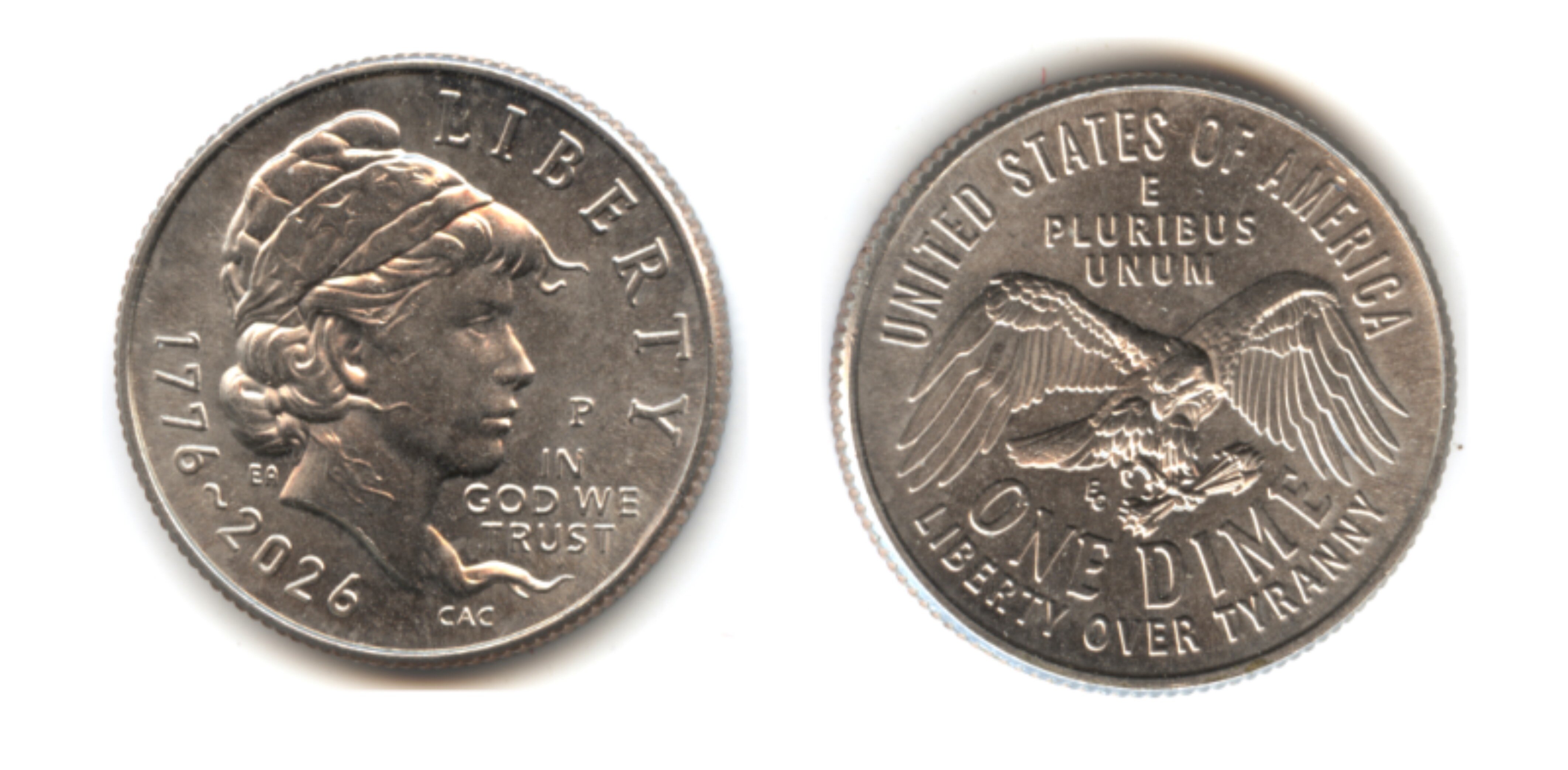 Here, enlarged for readability, is the new, this-year-only dime, depicting Lady Liberty beheaded.