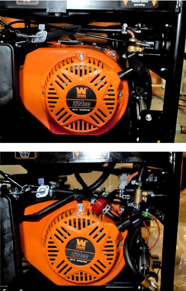 The top picture, of the original machine with the seized engine, shows how the plumbing should be. The bottom picture shows the chicken guts plumbing of the replacement machine. It actually gets in the way of the recoil starting handle and cord. Notice, too, the oil on the air-box cover on the left. (Credit: Dennis E. Powell)