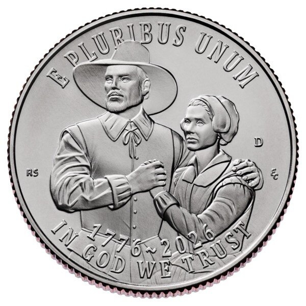 Apparently frightened pilgrims. They might be wondering what they're doing in a coin honoring events that took place 155 years after the scene depicted. (Credit: United States Mint)