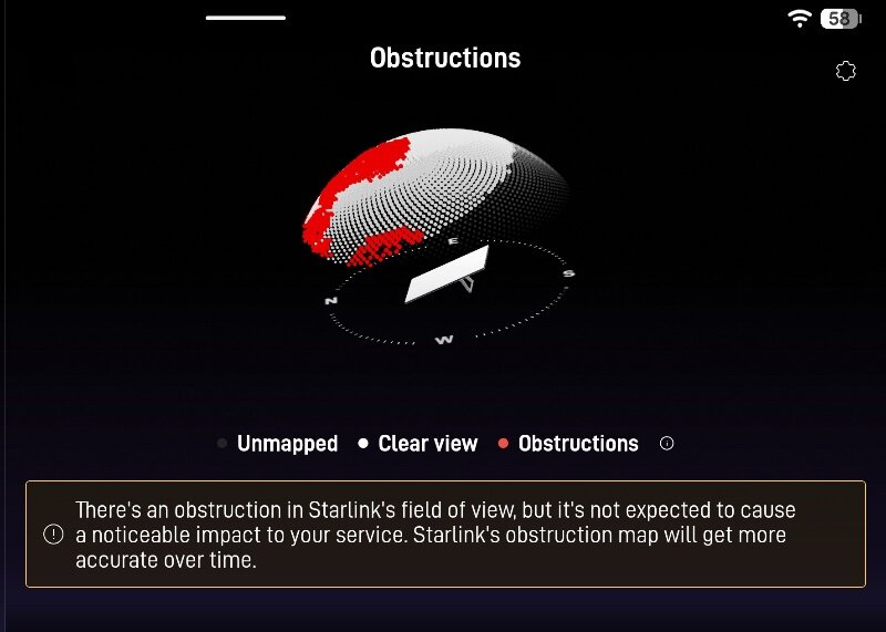 The red area is the part of the sky, as seen by the dish, that's blocked by leaves. I thought this would be enough to keep my Starlink dish from working, but my thinking was in error. I think (this could be in error, too) that each dot represents a Starlink satellite. There are a lot of them. (Credit: Dennis E. Powell)